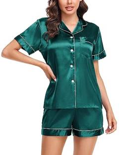 Lovasy Satin Pyjama Damen Kurz Schlafanzug Kurzarm Pyjamas Set mit Knöpfen Seiden Nachtwäsche V-Ausschnitt Zweiteiliger Pjs Sets Hausanzug,Dunkelgrün, L von Lovasy