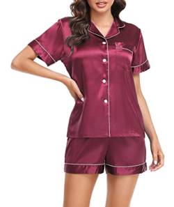 Lovasy Satin Pyjama Damen Kurz Schlafanzug Kurzarm Pyjamas Set mit Knöpfen Seiden Nachtwäsche V-Ausschnitt Zweiteiliger Pjs Sets Hausanzug,Wein Rot,XL von Lovasy