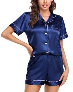 Lovasy Satin Pyjama Damen Kurz Schlafanzug Kurzarm Pyjamas Set mit Knopfleiste Seiden Nachtwäsche V-Ausschnitt Zweiteiliger Pjs Sets Hausanzug,Dunkelblau,XXL von Lovasy