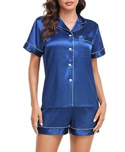 Lovasy Satin Pyjama Damen Kurz Schlafanzug Kurzarm Pyjamas Set mit Knopfleiste Seiden Nachtwäsche V-Ausschnitt Zweiteiliger Pjs Sets Hausanzug,Marineblau,M von Lovasy