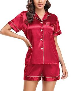 Lovasy Satin Pyjama Damen Kurz Schlafanzug Kurzarm Pyjamas Set mit Knopfleiste Seiden Nachtwäsche V-Ausschnitt Zweiteiliger Pjs Sets Hausanzug,Rot,XL von Lovasy