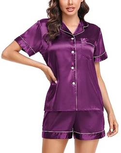 Lovasy Satin Pyjama Damen Kurz Schlafanzug Kurzarm Pyjamas Set mit Knopfleiste Seiden Nachtwäsche V-Ausschnitt Zweiteiliger Pjs Sets Hausanzug,Viola,XXL von Lovasy