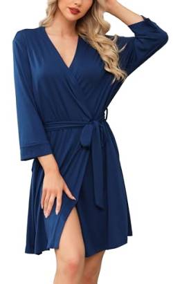 Lovasy Sauna Bademantel Damen Leicht 3/4 Ärmel V-Ausschnitt Morgenmantel Damen Kurz Kimono Roben mit Gürtel Weiches Reisebademante Loungewear mit Taschen,Kobaltblau,M von Lovasy