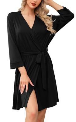 Lovasy Sauna Bademantel Damen Leicht 3/4 Ärmel V-Ausschnitt Morgenmantel Damen Kurz Kimono Roben mit Gürtel Weiches Reisebademante Loungewear mit Taschen,Schwarz,XXL von Lovasy