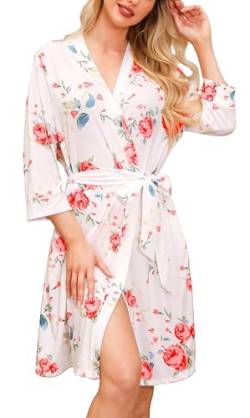 Lovasy Sauna Bademantel Damen Leicht 3/4 Ärmel V-Ausschnitt Morgenmantel Damen Kurz Kimono Roben mit Gürtel Weiches Reisebademante Loungewear mit Taschen,Weiße Blume,XXL von Lovasy