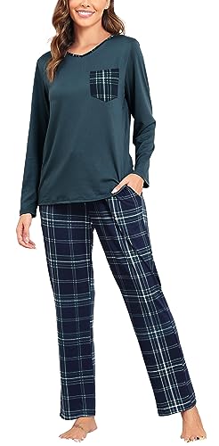 Lovasy Schlafanzüge für Damen Winter Lang Pyjama Set Langarm V-Ausschnitt Hausanzug 2-teilig Schlafanzug Damen Karierte Pyjamahose mit Taschen,grüner,S von Lovasy