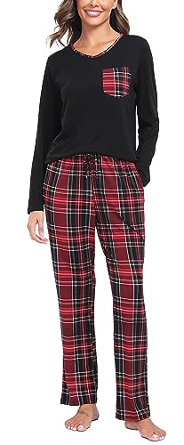 Lovasy Schlafanzüge für Damen Winter Lang Pyjama Set Langarm V-Ausschnitt Hausanzug 2-teilig Schlafanzug Damen Karierte Pyjamahose mit Taschen,rot,L von Lovasy