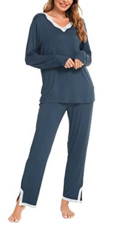 Lovasy Schlafanzüge für Damen Winter Lang Pyjama Set V-Ausschnitt Spitzen Damenschlafanzug Langarm Loungewear Damen Set Weich kuschel Hausanzug,Blau,XL von Lovasy