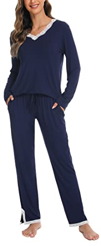 Lovasy Schlafanzüge für Damen Winter Lang Pyjama Set V-Ausschnitt Spitzen Damenschlafanzug Langarm Loungewear Damen Set Weich kuschel Hausanzug,Navy blau,S von Lovasy
