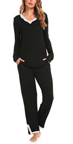 Lovasy Schlafanzüge für Damen Winter Lang Pyjama Set V-Ausschnitt Spitzen Damenschlafanzug Langarm Loungewear Damen Set Weich kuschel Hausanzug,Schwarz,XXL von Lovasy