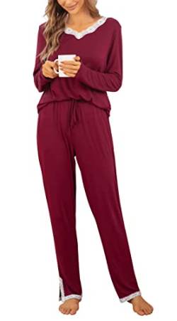 Lovasy Schlafanzüge für Damen Winter Lang Pyjama Set V-Ausschnitt Spitzen Damenschlafanzug Langarm Loungewear Damen Set Weich kuschel Hausanzug,Weinrot,M von Lovasy