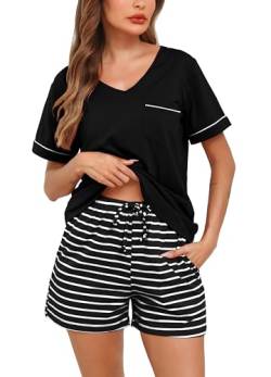 Lovasy Schlafanzug Damen Kurz Baumwolle Pyjama Set Kurzarm Schlafanzüge für Damen Sommer Shorty Pyjama mit Knöpfen und Taschen,Schwarz,XL von Lovasy