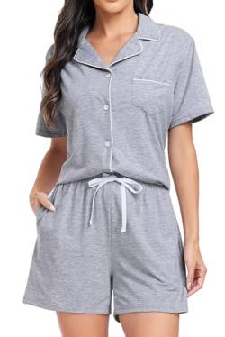 Lovasy Schlafanzug Damen Kurz Baumwolle Pyjama Set Kurzarm Schlafanzüge für Damen mit Knöpfen und Taschen,Hellgrau,XXL von Lovasy