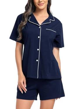 Lovasy Schlafanzug Damen Kurz Baumwolle Pyjama Set Kurzarm Schlafanzüge für Damen mit Knöpfen und Taschen,Marineblau,L von Lovasy