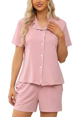 Lovasy Schlafanzug Damen Kurz Baumwolle Pyjama Set Kurzarm Schlafanzüge für Damen mit Knöpfen und Taschen,Rosa,M von Lovasy