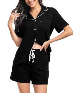 Lovasy Schlafanzug Damen Kurz Baumwolle Pyjama Set Kurzarm Schlafanzüge für Damen mit Knöpfen und Taschen,Schwarz,XL von Lovasy