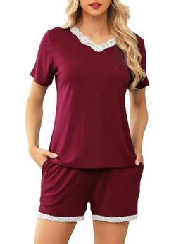 Lovasy Schlafanzug Damen Kurz Kurzarm Pyjama Set V-Ausschnitt Spitzen Schlafanzüge für Damen,Weinrot,M von Lovasy