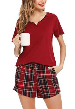 Lovasy Schlafanzug Damen Kurz Pyjama Set Zweiteiler Loungewear Nachtwäsche SchlafanzüGe für Frauen Karierte Schlafhose Stitch Teenager MäDchen Sexy Baumwolle Shorty,Wein rot,S von Lovasy