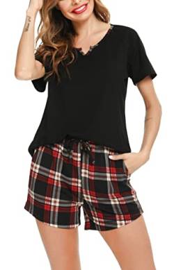 Lovasy Schlafanzug Damen Kurz Pyjama Set Zweiteiler Loungewear Nachtwäsche SchlafanzüGe für Frauen Karierte Schlafhose Stitch Teenager MäDchen Sexy Baumwolle Shorty,schwarz,XL von Lovasy