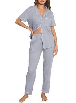 Lovasy Schlafanzug Damen Lang Winter Pyjama Set mit Knopfleiste Kurzarm Schlafanzüge für Damen Zweiteiliger Loungewear Hausanzug mit Taschen,Blasses Florales Grau,L von Lovasy