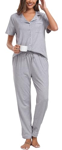 Lovasy Schlafanzug Damen Lang Winter Pyjama Set mit Knopfleiste Kurzarm Schlafanzüge für Damen Zweiteiliger Loungewear Hausanzug mit Taschen,Blasses Florales Grau,XXL von Lovasy
