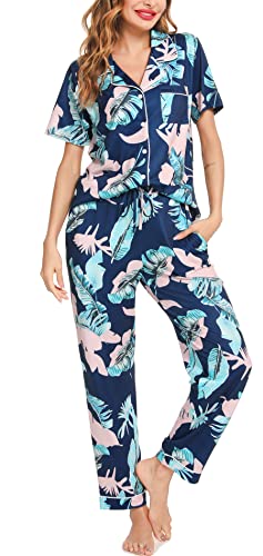 Lovasy Schlafanzug Damen Lang Winter Pyjama Set mit Knopfleiste Kurzarm Schlafanzüge für Damen Zweiteiliger Loungewear Hausanzug mit Taschen,Blaue Blume,S von Lovasy