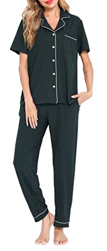 Lovasy Schlafanzug Damen Lang Winter Pyjama Set mit Knopfleiste Kurzarm Schlafanzüge für Damen Zweiteiliger Loungewear Hausanzug mit Taschen,Dunkelgrün,M von Lovasy