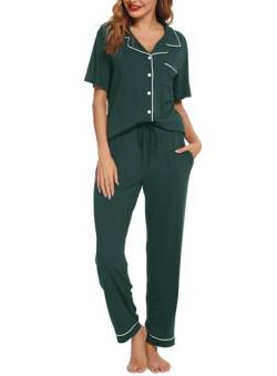 Lovasy Schlafanzug Damen Lang Winter Pyjama Set mit Knopfleiste Kurzarm Schlafanzüge für Damen Zweiteiliger Loungewear Hausanzug mit Taschen,Dunkelgrün,XXL von Lovasy