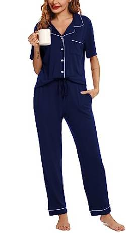 Lovasy Schlafanzug Damen Lang Winter Pyjama Set mit Knopfleiste Kurzarm Schlafanzüge für Damen Zweiteiliger Loungewear Hausanzug mit Taschen,Grigio Scuro,L von Lovasy