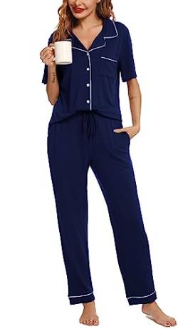 Lovasy Schlafanzug Damen Lang Winter Pyjama Set mit Knopfleiste Kurzarm Schlafanzüge für Damen Zweiteiliger Loungewear Hausanzug mit Taschen,Grigio Scuro,M von Lovasy