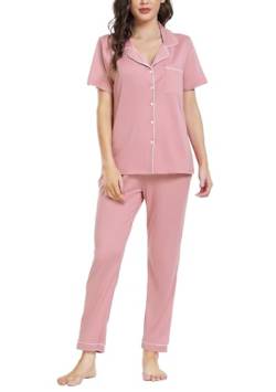 Lovasy Schlafanzug Damen Lang Winter Pyjama Set mit Knopfleiste Kurzarm Schlafanzüge für Damen Zweiteiliger Loungewear Hausanzug mit Taschen,Rosa,XL von Lovasy