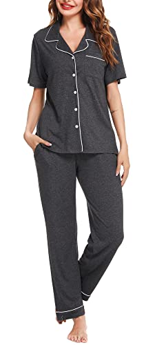 Lovasy Schlafanzug Damen Lang Winter Pyjama Set mit Knopfleiste Kurzarm Schlafanzüge für Damen Zweiteiliger Loungewear Hausanzug mit Taschen,dunkelgrau,S von Lovasy