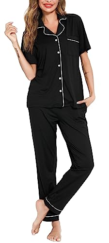 Lovasy Schlafanzug Damen Lang Winter Pyjama Set mit Knopfleiste Kurzarm Schlafanzüge für Damen Zweiteiliger Loungewear Hausanzug mit Taschen,schwarz,M von Lovasy