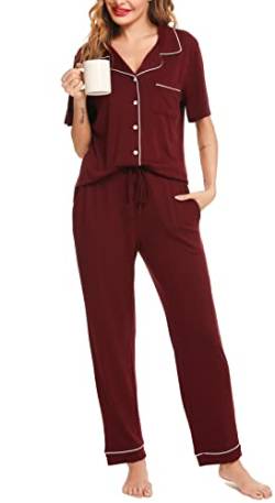 Lovasy Schlafanzug Damen Lang Winter Pyjama Set mit Knopfleiste Kurzarm Schlafanzüge für Damen Zweiteiliger Loungewear Hausanzug mit Taschen,weinrot,L von Lovasy