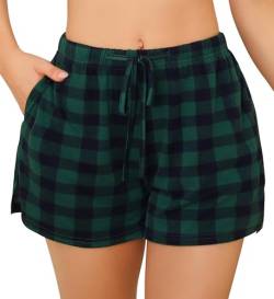 Lovasy Schlafshorts Damen Karierte Pyjamahose Damen Kurz Sommer Shorts mit Taschen und Kordelzug,Grün 2,S von Lovasy