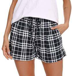 Lovasy Schlafshorts Damen Karierte Pyjamahose Damen Kurz Sommer Shorts mit Taschen und Kordelzug,Marineblau,XL von Lovasy