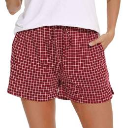 Lovasy Schlafshorts Damen Karierte Pyjamahose Damen Kurz Sommer Shorts mit Taschen und Kordelzug,Rotwein,XL von Lovasy