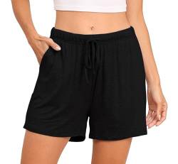 Lovasy Schlafshorts Damen Kurz Pyjama Shorts Damen Sommer Schlafhose Freizeitshorts Weich Bequem mit Taschen und Kordelzug,Schwarz,L von Lovasy