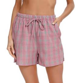 Lovasy Schlafshorts Damen Sommer Karierte Schlaghose Damen Kurz Schlafanzughosen für Damen Kurzer Pyjamahose mit Taschen und Kordelzug,rote Bohnen,L von Lovasy