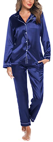 Lovasy Seiden Schlafanzug Damen Satin Pyjamas Set mit Knopfleiste Langarm Winter Schlafanzüge Zweiteiliger Women Nachtwäsche Hausanzug,Marineblau,XXL von Lovasy