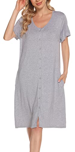 Lovasy Still Nachthemd Damen Kurzarm Schlafshirt mit Knöpfen Nursing Nachthemd Schwangerschaft Geburt Pyjama Nachtwäsche, Hellgrau, XL von Lovasy