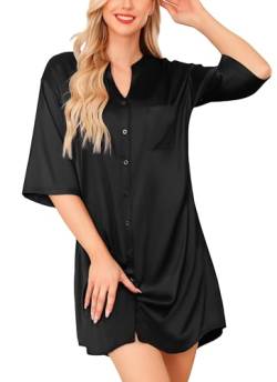 Lovasy Still Nachthemd mit Knöpfen Damen Satin Pyjama 3/4 Ärmel Schlafshirt mit Tiefer V-Ausschnitt Seiden Sleepshirt mit Taschen,Schwarz,L von Lovasy