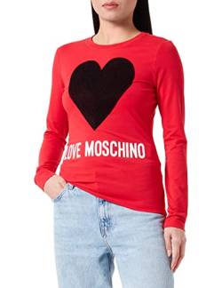 Love Moschino Women's Tight-fit Long-Sleeved Maxi Heart with Embroidered Flock Sequins and Water Print Logo T-Shirt, RED, 40 von Love Moschino