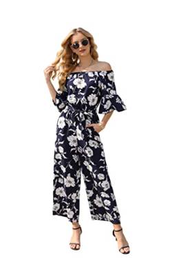 Damen Sommer Blumen Schulterfrei Rüschen Kurzarm Hohe Taille Weites Bein Hosen Casual Lose Jumpsuit, Matineblau, Pfingstrose, X-Large von Love Welove Fashion