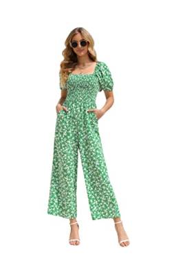 Love Welove Fashion Damen Floral Kurzarm Hohe Taille Weites Bein Hose Casual Lose Smocked Jumpsuit Romper, Grün mit weißem Blumenmotiv, Medium von Love Welove Fashion