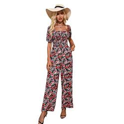 Love Welove Fashion Jumpsuit mit Blumenmuster für Damen, lässiger lockerer Strampler, kurze Ärmel, gesmokt, hohe Taille, weites Bein, Hosen-Outfits, Marineblaue Schneeflocke, Medium von Love Welove Fashion