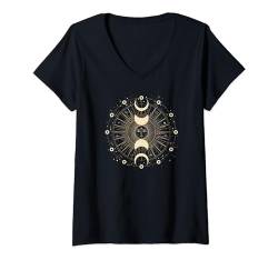 Damen Boho Mondphasen, Sonne Mond und Sterne Himmlisch Spirituell T-Shirt mit V-Ausschnitt von Love and Shop Local Gifts