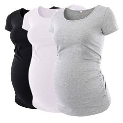 Love2Mi 3 Stück Umstandsshirt Kurzarm Umstandskleidung T-Shirt Einfarbig Umstandskleidung, Schwarz + Weiß + Grau, Small von Love2Mi