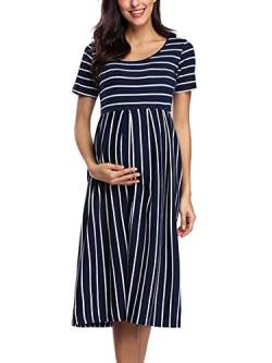 Love2Mi Damen Umstandskleid Kurzarm Casual A-Linie Midi Schwangeres Kleid, Marineblau Weiß Streifen, Medium von Love2Mi