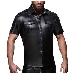 LoveLeiter Herren Leder Hemd Kurzarm Kunstleder Freizeithemd Lack Optik dehnbar und angenehm Männer Shirt Wetlook mit Brustaschen von LoveLeiter —Unterwäsche & BH